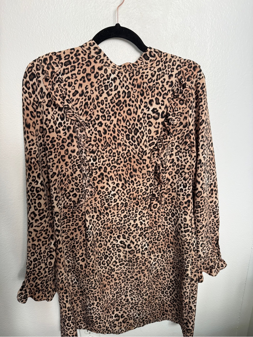 Topshop Leopard Print Ruffle Long Sleeve Dress- Beige/Black